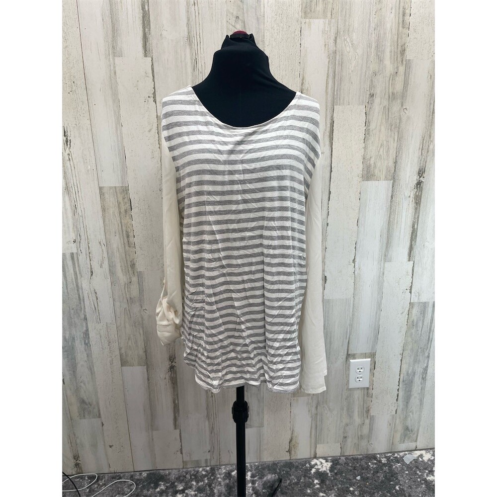 LOFT Blouse Womens M Gray White Striped Scoop Neck Roll-Tab Long Sleeve SKU 747